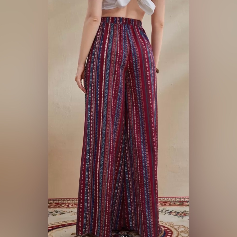 SHEIN Tall Boho Mixed Stripe Maroon Tassel Knot Waist Wide Leg Pant - Picture 2 of 9